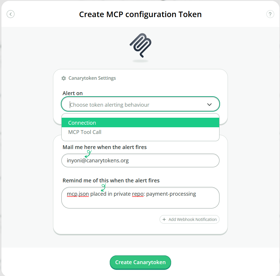 Screenshot of creating an MCP token