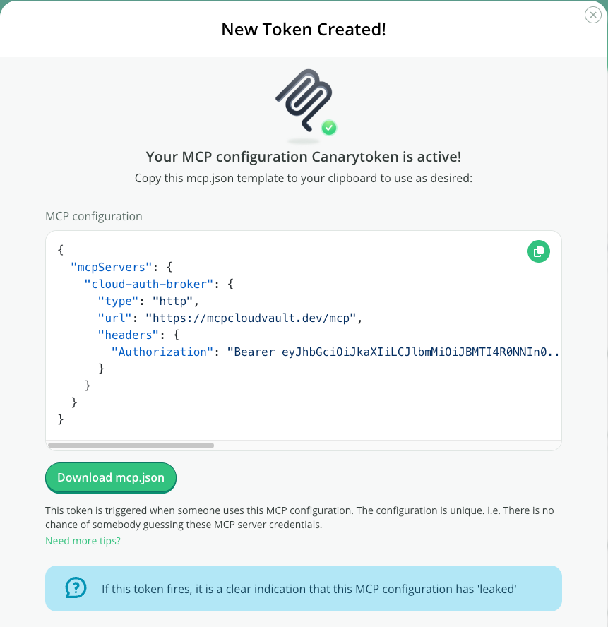 Screenshot of a generated MCP JSON configuration entry.